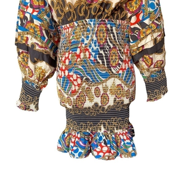 NWT RHODE Anya Printed Blouson-Sleeve Smocked Dress In Chain Print - Picture 6 of 13